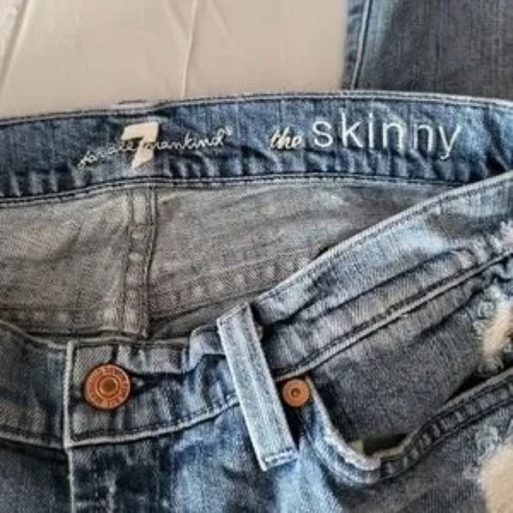 7 For All Mankind Skinny Jeans - Light Wash Blue with Distressing - Picture 3 of 6